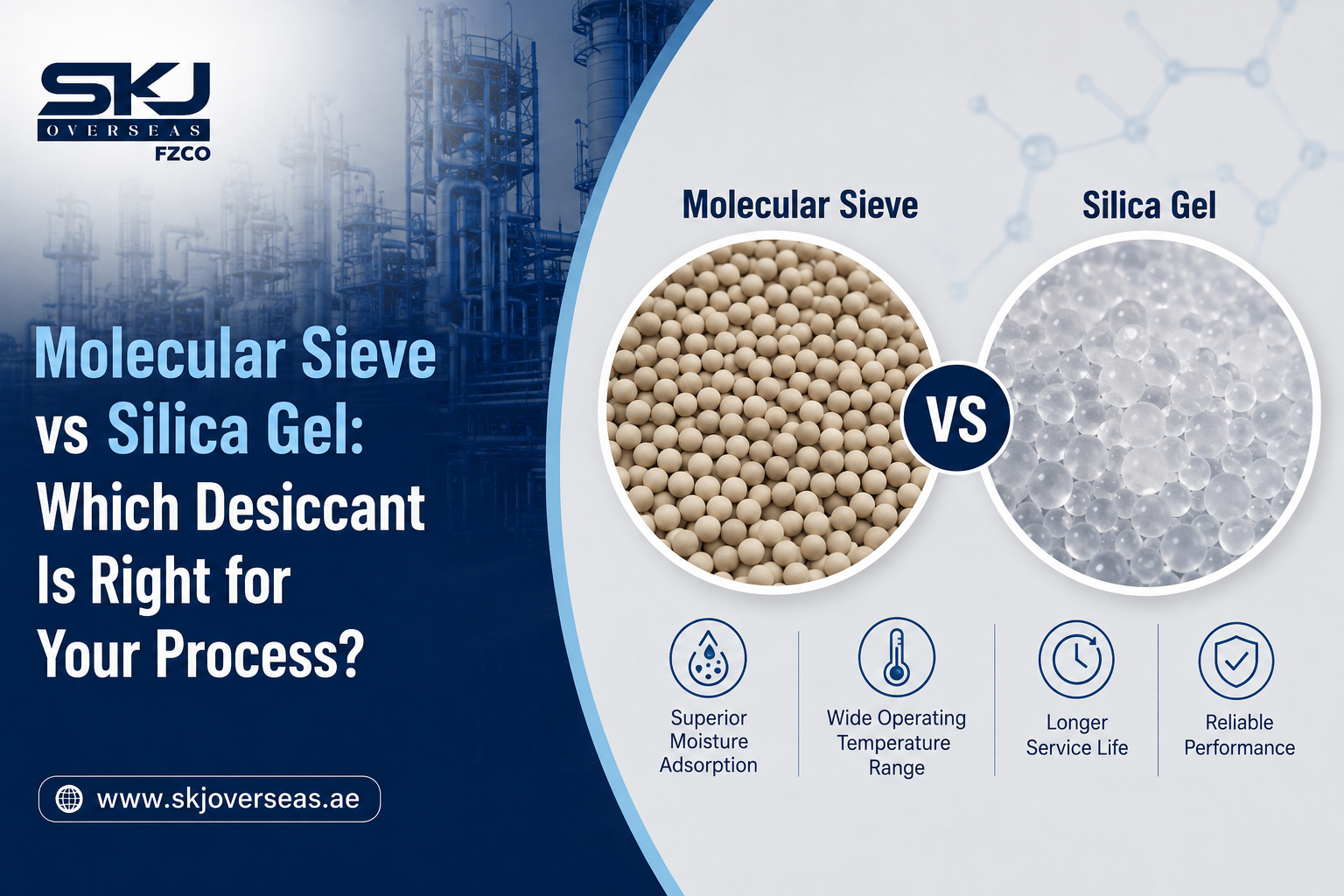 Molecular sieve vs silica gel comparison showing their moisture adsorption properties and applications